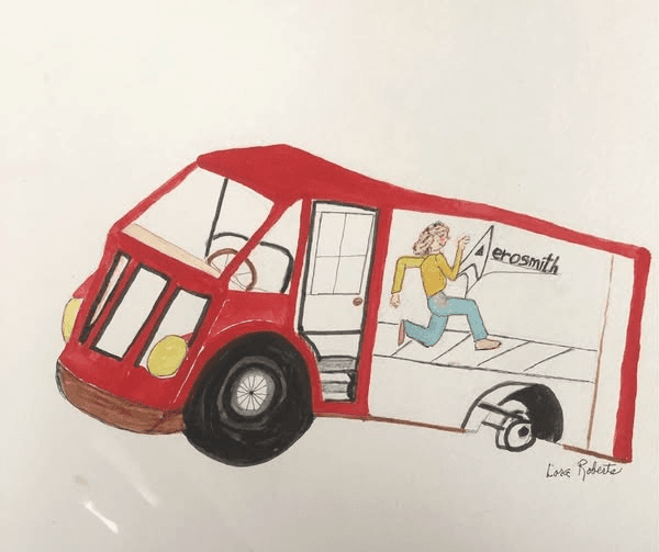 Watercolor of a red delivery van with a figure running past the word Aerosmith painted on its side, signed Lora Roberts.