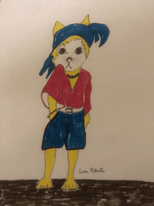 Marker and ink drawing of a yellow cat wearing a blue head wrap, necklace, red top, and blue shorts, signed Lora Roberts.