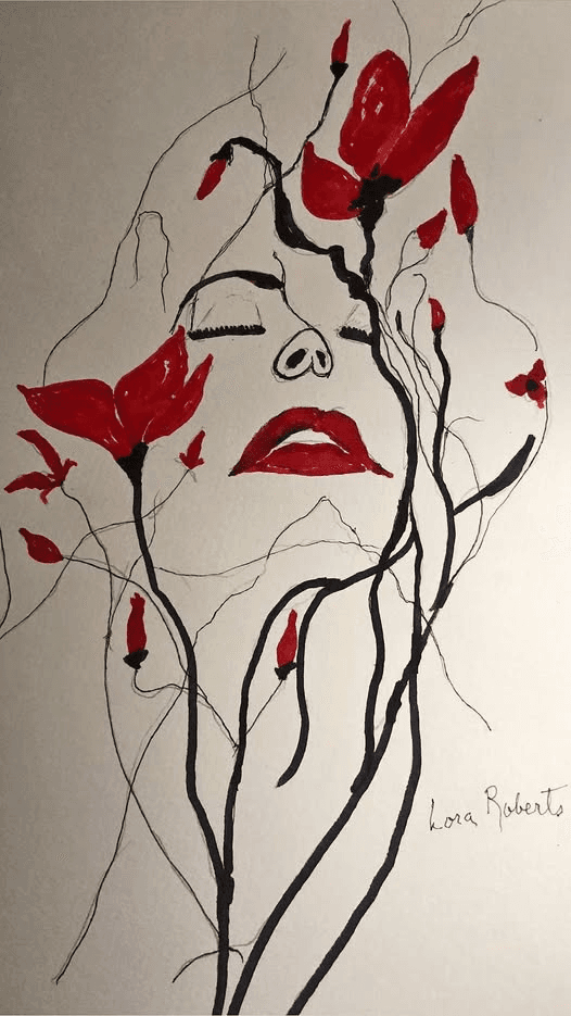 Ink and watercolor artwork of a woman's face with closed eyes, red lips, and red flowers growing through flowing linework, signed Lora Roberts.