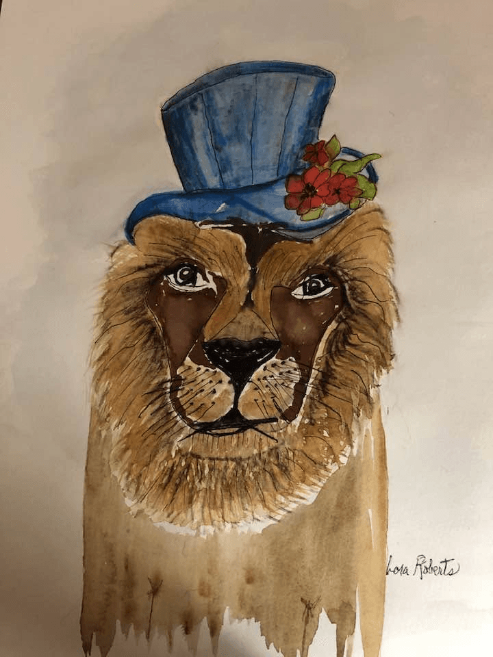 Watercolor of a lion wearing a blue top hat decorated with red flowers, signed Lora Roberts.