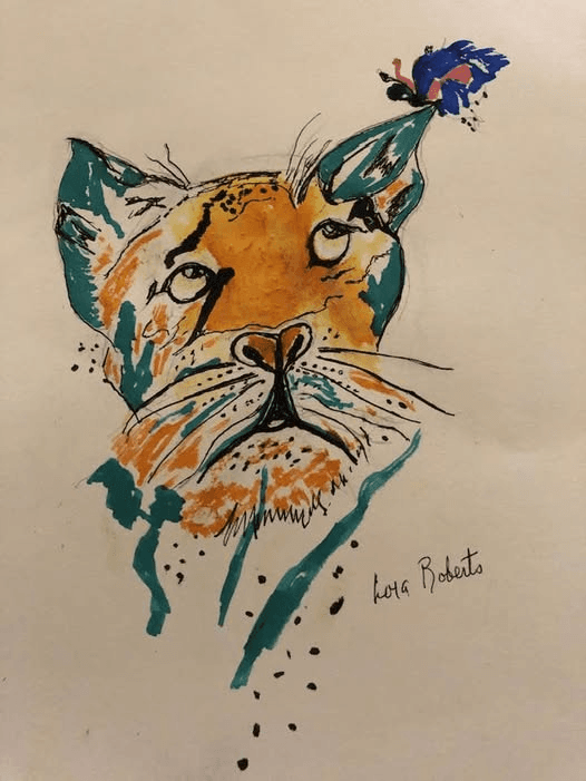 Ink and watercolor of a lioness looking up at a small blue bird perched on her ear, in teal and orange, signed Lora Roberts.