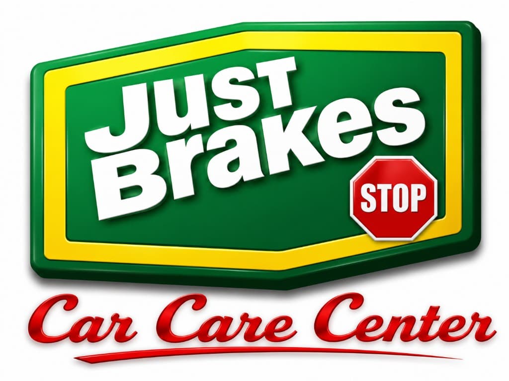Green and yellow Just Brakes Stop Car Care Center logo with a red stop sign.
