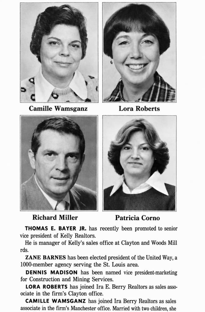 Newspaper clipping with four portrait photographs including one labeled Lora Roberts, and text reading: Lora Roberts has joined Ira E. Berry Realtors as sales associate in the firm's Clayton office.